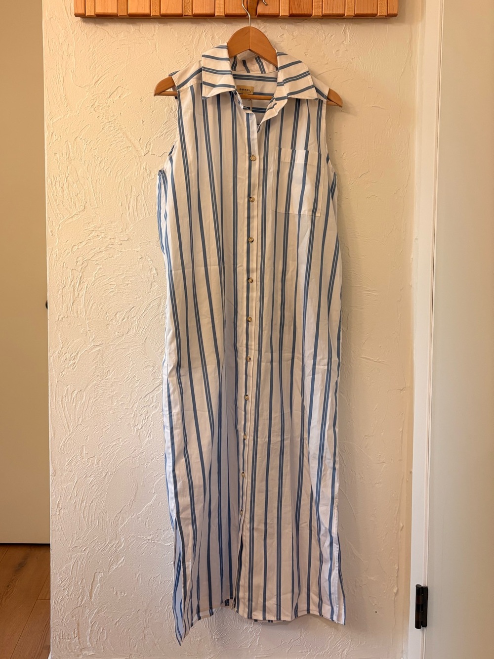 DONNI. The Pop Blue and White Striped Maxi Shirt Dress